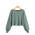 Green Ribbed Balloon-Sleeve Crop Top