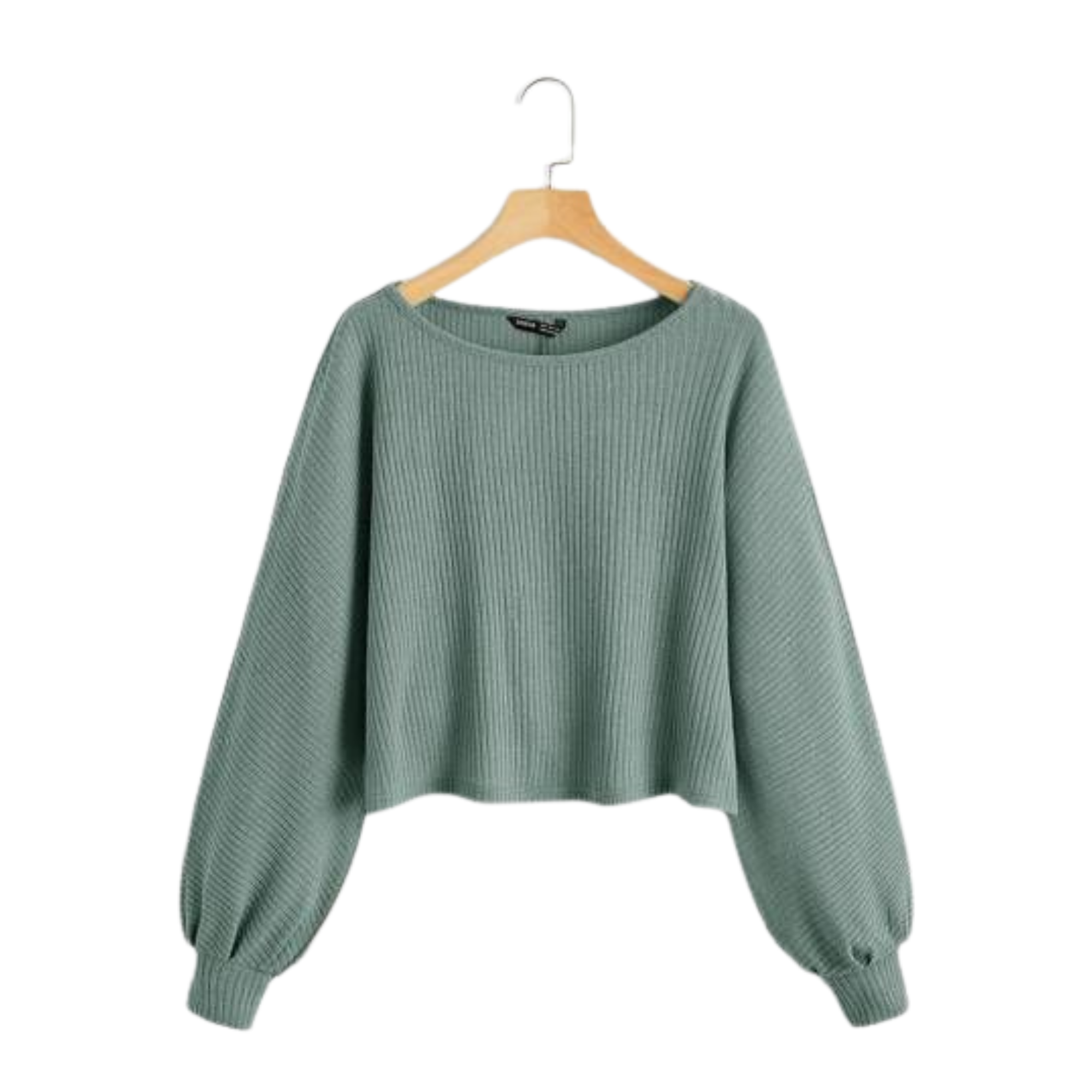 Green Ribbed Balloon-Sleeve Crop Top