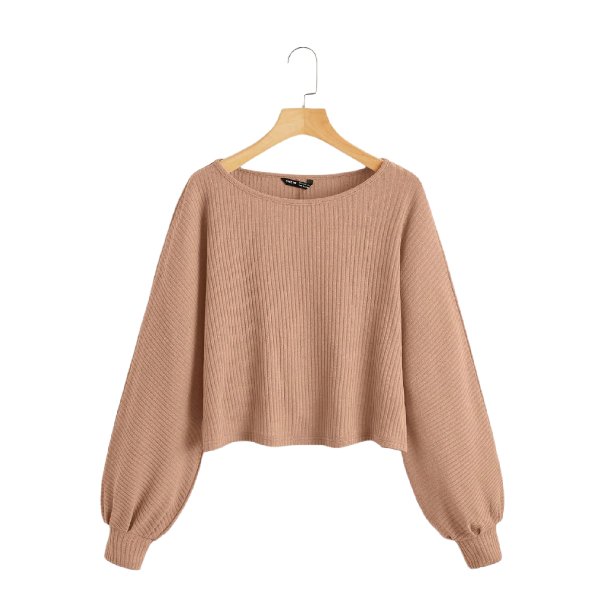Rose Taupe Ribbed Balloon-Sleeve Crop Top