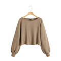 Taupe Ribbed Balloon-Sleeve Crop Top