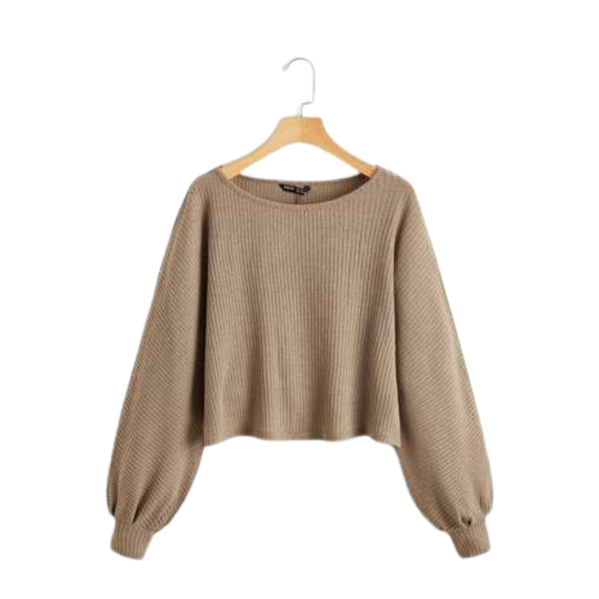 Taupe Ribbed Balloon-Sleeve Crop Top