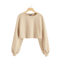 Cream Ribbed Balloon-Sleeve Crop Top