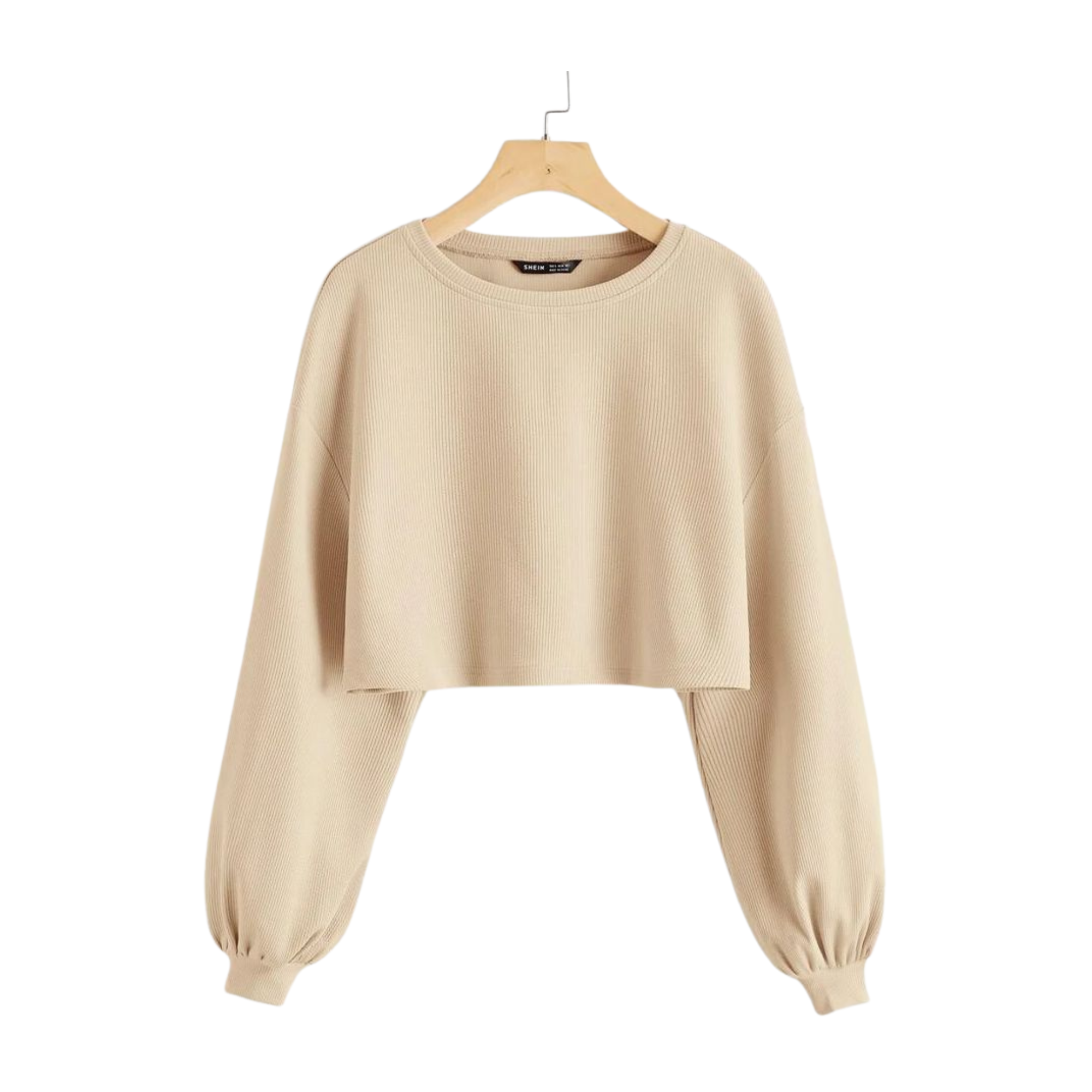 Cream Ribbed Balloon-Sleeve Crop Top