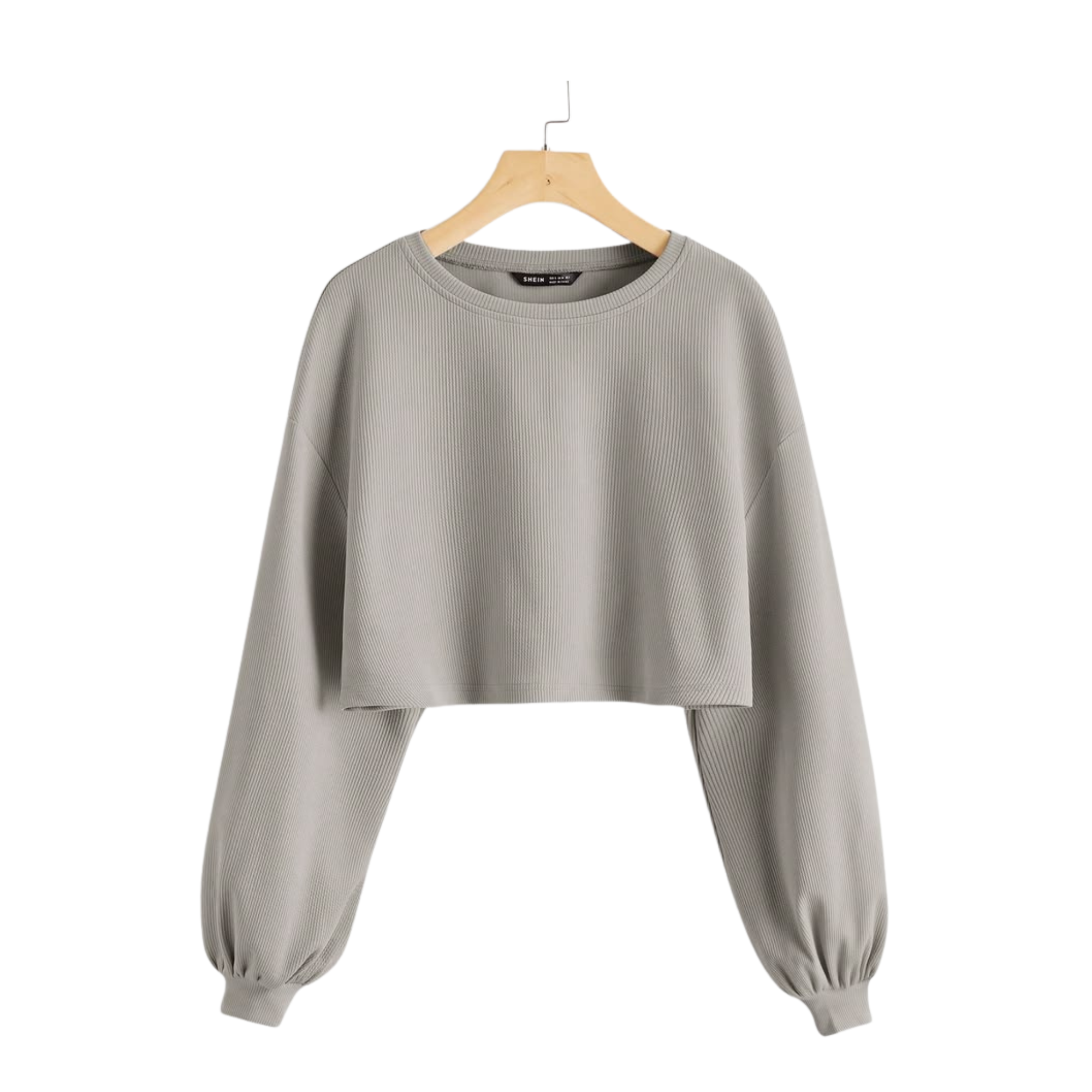 Silver Ribbed Balloon-Sleeve Crop Top
