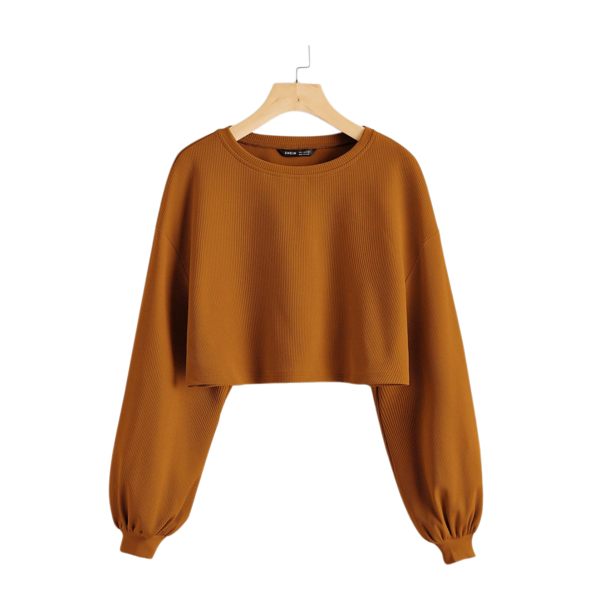 Caramel Ribbed Balloon-Sleeve Crop Top