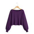 Purple Ribbed Balloon-Sleeve Crop Top